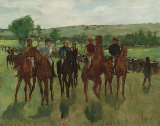 Six men on horseback and wearing jockeys’ uniforms line up on a grassy field in front of us in this loosely painted horizontal scene. The jockeys and horses’ features are especially freely painted so much of the detail is indistinct.