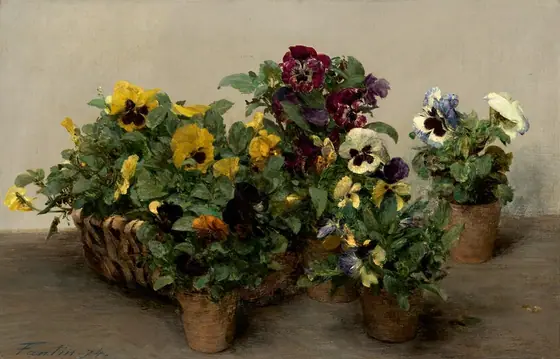 This painting shows a group of potted pansies. There is a large basket filled with yellow pansies on the left, surrounded by at least four smaller terracotta pots on the right containing purple, white, blue, and orange pansies.