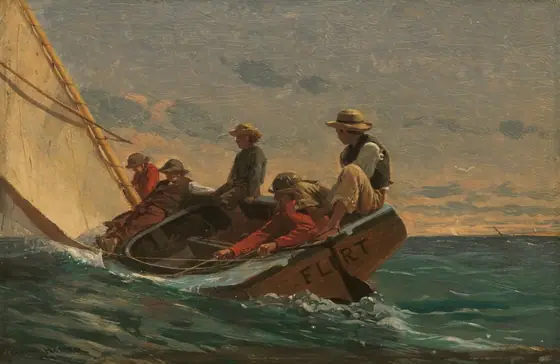 Close to us, a young man and four boys sit or recline in a small sailboat that tips to our left on a choppy dark green sea fringed with white foam in this horizontal painting.