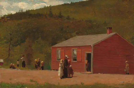 Light pours over a woman and a dozen children of different ages standing in small groups near a boxy, red schoolhouse in this horizontal painting.