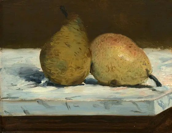 Two green pears lit from the upper right sit on a pale blue tabletop or ledge against a dark background in this horizontal still life painting. The left pear sits upright against the other.