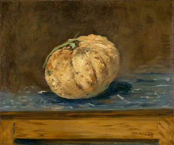 A golden yellow melon painted with thick strokes of straw and butter yellow with touches of camel brown sits at the center of a wooden table with a blue top in this almost square still life painting.