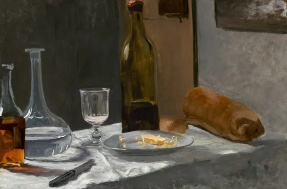Two bottles, a carafe, drinking glass, plate, knife, and loaf of bread are arranged on a table covered with a white cloth in this horizontal still-life painting. The narrow table angles from the lower left toward the wall to our right.