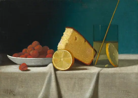 The painting features a large slice of yellow cake, a halved lemon, a glass of pale-yellow liquid with a slice of lemon and a straw in it, and a white plate filled with red raspberries.