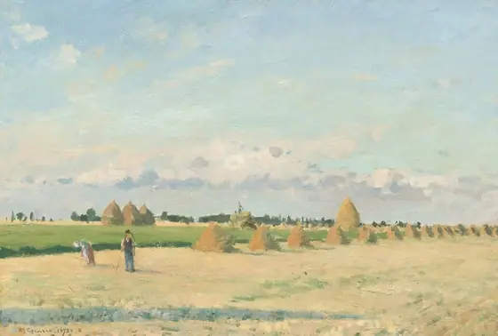 A man and woman stand in a sunny field near a line of cone-shaped haystacks under a massive blue sky in this horizontal landscape painting. The scene is loosely painted with visible brushstrokes throughout.
