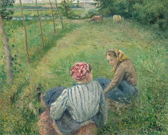 We look slightly down onto two girls or young women with light skin sitting close to us in a green, grassy field in this square landscape painting.