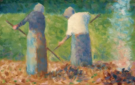 Two loosely painted people stand side by side in a field as they rake with their backs to us in this horizontal painting. The brushstrokes are soft and textured, and the details are loosely rendered, giving the scene a hazy appearance.