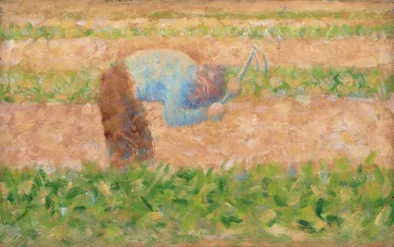 This painting shows a person in an agricultural setting. The background is made of horizontal bands of browns and greens, painted in short, overlapping strokes.