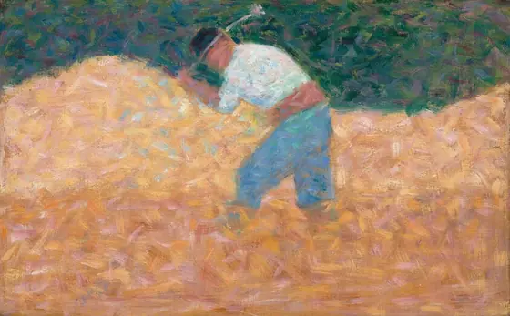 In this painting, short, angular brushstrokes suggest a person in motion. The person is bent over, facing the left, raising a large, thin object over one shoulder.