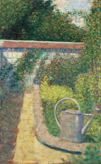 The painting features a large gray watering can in the bottom right corner, set against a lush garden background. Bushes on the right side are speckled with dots of pink, yellow, blue, orange, and purple, suggesting flowers.