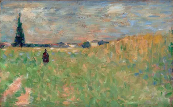 This painting shows an expansive green and yellow grassland under a textured blue and white sky. The horizon line is high, separating the fields and clouds with a thin line of dark trees and small white buildings.