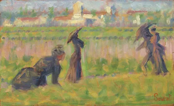 This painting shows a scene with several people spaced out across a grassy expanse. The horizon is high in the painting, lined with white structures with red roofs and green trees.