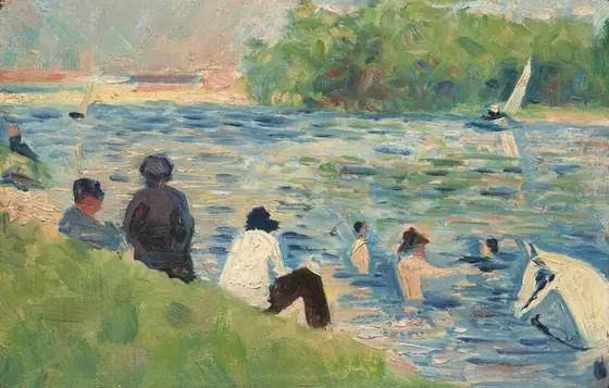 A grassy riverbank cuts across the lower left corner of this painting, in front of a river that fills most of this horizonal landscape.