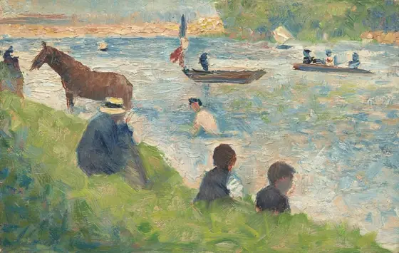 This painting depicts a riverbank scene. Nearest to us, three people sit on the grassy slope that leads down to the light blue water, facing the right.
