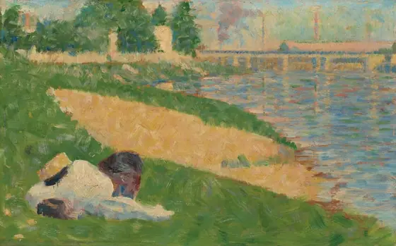 This painting depicts a scene by the water. Closest to us, a pile of objects sits on a grassy bank.