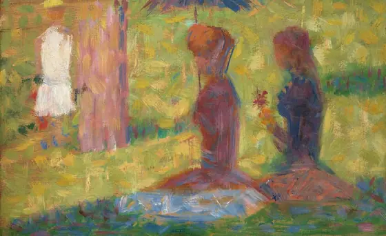 In this painting, thick, overlapping strokes of paint create the blurred image of people standing and sitting on grass. In the center, two people in pink and dark purple appear to sit on the green ground, facing the left.