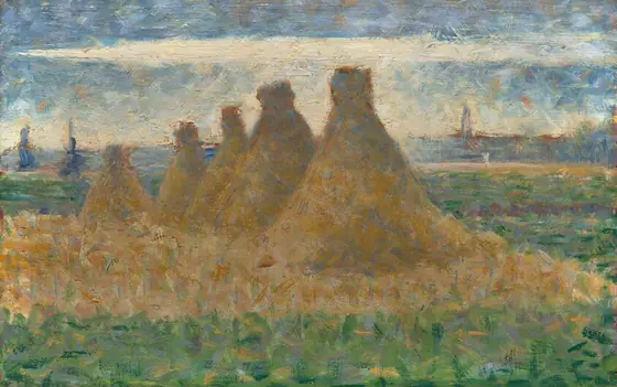 This painting depicts a landscape with several haystacks in the center, arranged in a line that cuts diagonally across a green field from left to right.