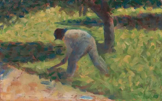 This painting shows a person bent over, working the land outdoors. The person is in the center of the painting, surrounded by green grass and dark trees. The sky is not visible. In the bottom left corner, there is a section of brown earth.