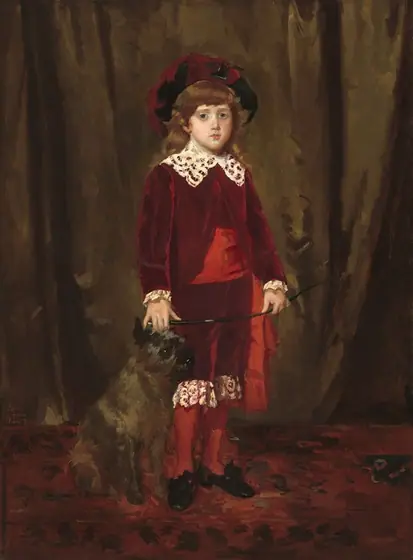 A young boy with pale skin, wearing a burgundy-red suit and floppy hat, stands facing and looking at us with a gray terrier dog at his side in this vertical portrait painting.