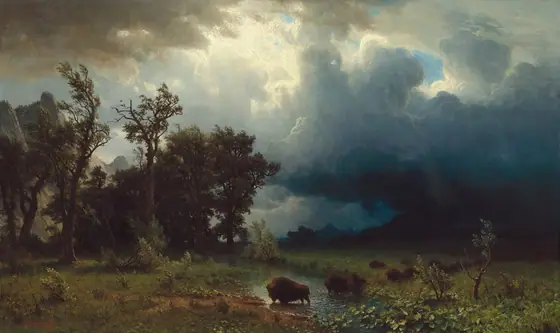 The top three-quarters of this horizontal landscape painting is filled with roiling, deeply shadowed clouds that tower over a line of buffalo crossing a grassy meadow below.