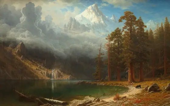 We look across the gleaming, forest-green surface of a lake at the foot of tall, jagged mountains in this horizontal landscape painting.
