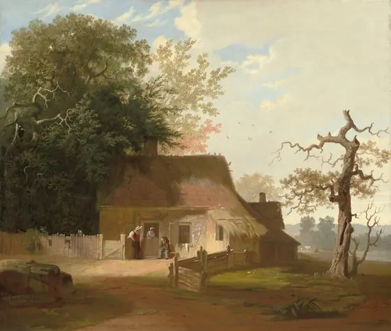 Three people gather around the doorway of a small cottage set in a sun-warmed yard in this almost square painting.