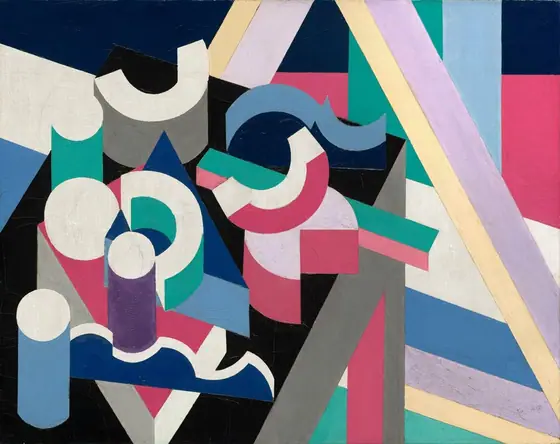 Cylindrical, C-shaped, and triangular forms are painted with flat areas of vivid pink, purple, navy, royal, and light blue, turquoise, white, black, and gray in this abstract, horizontal painting.