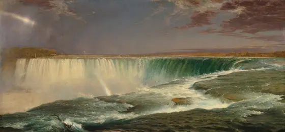 We hover over the bottle-green surface of a river as it rushes toward a horseshoe-shaped waterfall that curves away from us in this horizontal landscape painting.