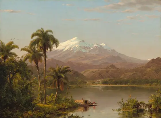 We look across a palm-tree lined river winding into the distance before a monumental, snow-covered mountain at the center of the composition in this horizontal landscape.