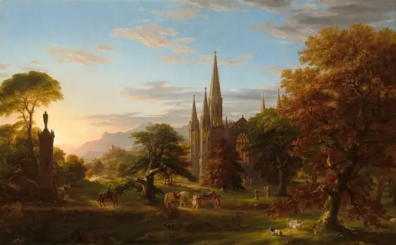 Honey-gold sunlight from low along the horizon to our left falls across the copper and bronze-colored canopies of trees that frame our view of a stone church with stained glass windows and ornate spires in this horizontal landscape…