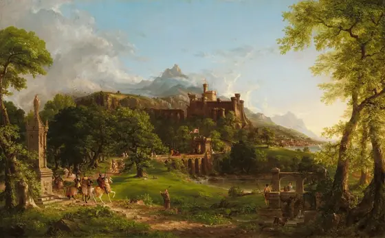 In a verdant green landscape, a stone castle sits on a tree-lined hill in the distance in front of a high, craggy mountain peak while eighteen armored knights ride toward us along a bridge and path in this horizontal painting.