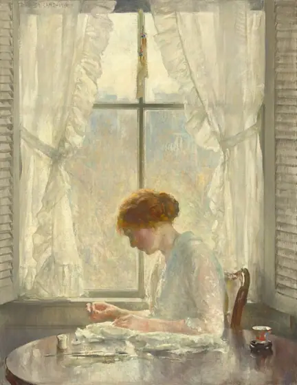 A light-skinned, red-haired woman sits in profile facing our left in front of a window, sewing at table in a room bathed in sunlight in this vertical painting. The loosely painted scene is dominated by slivery grays, cream, and ivory white.