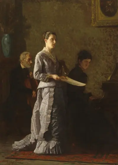 A woman with dark hair pulled up in a bun, wearing a long, muted lilac-purple silk dress, stands singing in front of woman playing a piano and a man playing a cello in a dimly lit room in this vertical painting.