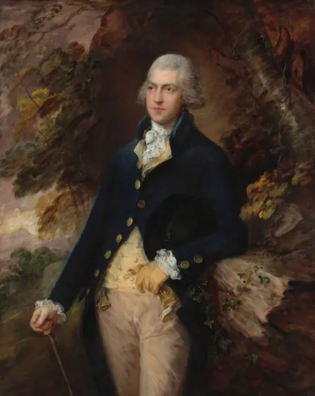 This painting is a portrait of a man standing, seen from the knees up, his torso and head slightly turned to the left.