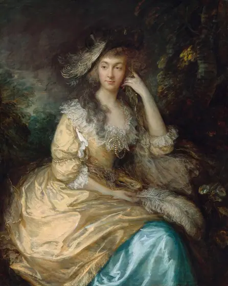Shown from the knees up, a woman sits looking off into the distance in front of a deep, shadowy landscape in this vertical portrait painting.