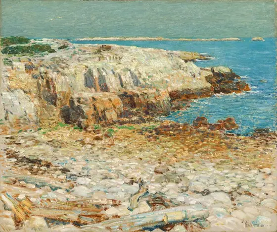 A rocky shoreline juts into a vivid, aquamarine-blue body of water in this loosely painted, nearly square landscape.