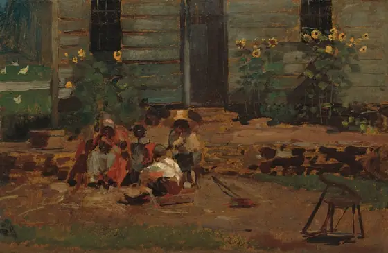 This is a painting of an outdoor scene with a group of people gathered in front of a blue-gray wooden building with a dark door and two windows. Sunflowers grow on either side of the entrance, stretching up to the windows.