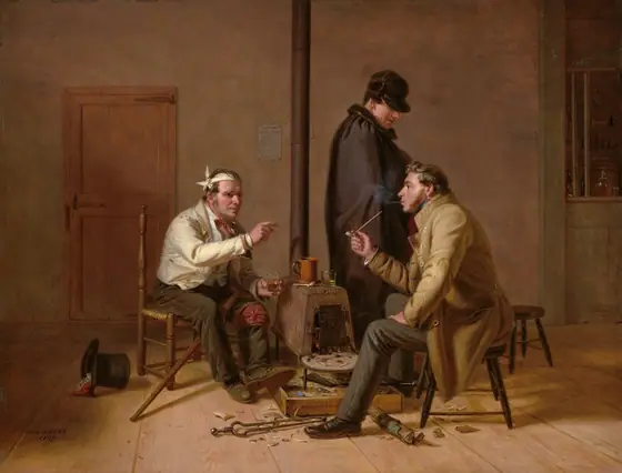 Three light-skinned men, one with his head and knee bandaged, sit and stand around a rusty, free-standing stove in a room with wide plank floors in this horizontal painting.