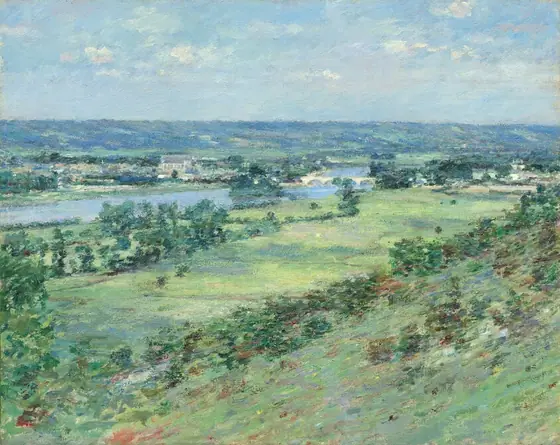 From atop a high hill, we look across a broad valley leading to a winding river in this loosely painted horizontal landscape. The scene is created entirely with visible brushstrokes in fresh and vibrant green and shimmering and smoky blues.