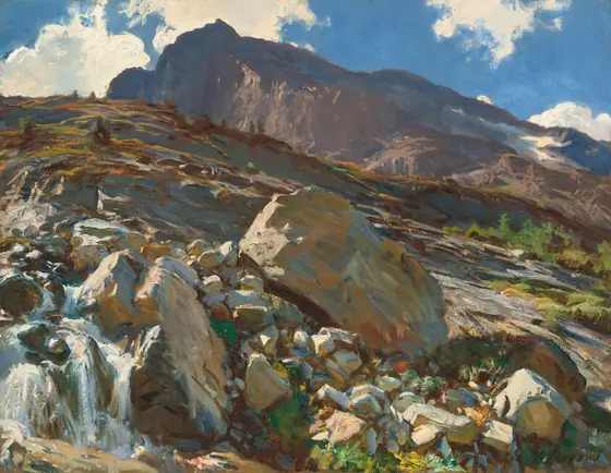 From a low vantage point, we look up a steep, rocky mountainside at a towering mountain peak in the distance in this nearly square landscape painting.