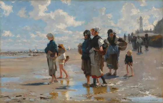 Four women and two children, all with pale skin, carry baskets as they walk along a beach under a brilliant blue sky in this horizontal painting. The scene is painted with visible dabs and blended strokes.