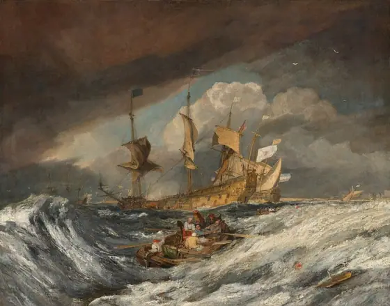 A rowboat carrying seven men is tossed within a furrow of swelling waves under a blanket of copper-brown clouds in this horizontal seascape painting. The white, foamy waves curve up in a deep U-shape close to us.
