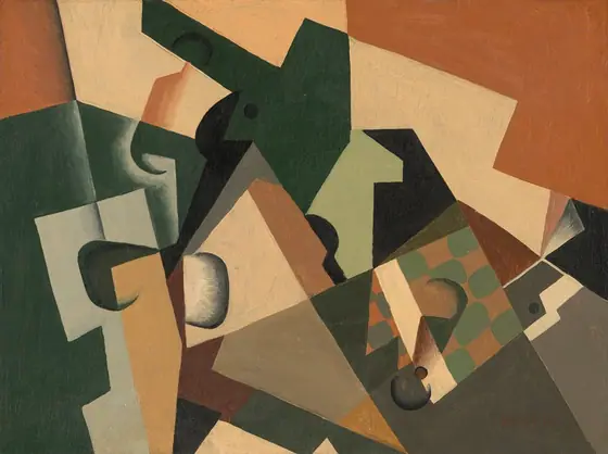 Irregular, geometric shapes in burnt orange, pale peach, light blue, forest and mint green, brown, taupe, gray, and black are layered and spread across this horizontal, abstract painting. They are mostly flat planes of color.