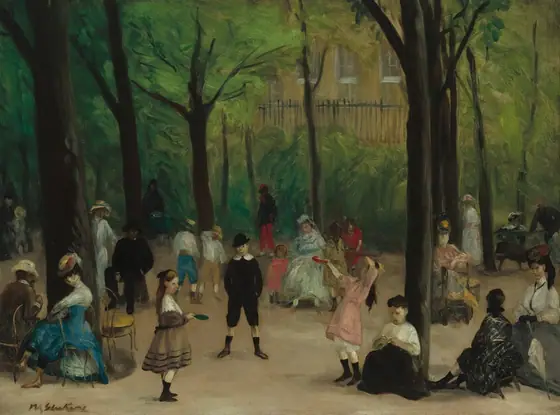 This is a painting of a park filled with tall trees and people in colorful clothes. Some people are seated on chairs, while others are walking or standing on the tan ground.