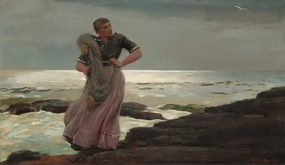 A young woman with flushed, peachy skin stands on a rocky shoreline with a fishing net slung over one shoulder in this horizontal painting. Her body faces us, and she looks off and down to our right.
