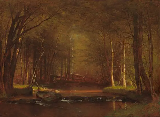 This painting shows a serene forest setting with a wide, shallow stream flowing gently towards us. The scene is enclosed by tall trees on either side.