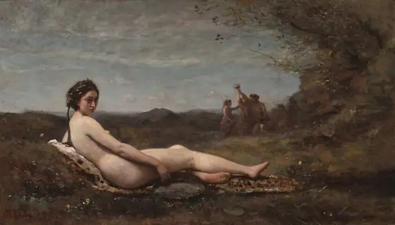 A nude, young woman with smooth, pale skin reclines against a grassy mound in a sunny field in this long, horizontal landscape painting. The scene is painted with blended strokes, giving it a soft look.