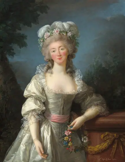 Shown from the knees up, a woman stands facing and looking at us with her head tilted a little to our left in this vertical portrait painting. She has pale skin, a heart-shaped face with rosy cheeks, and a rose-pink bow mouth.
