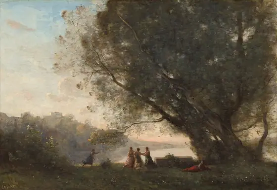 We look across a grassy expanse leading to a lake, with several women, tiny in scale, dancing under a grove of trees to our right in this horizontal landscape painting.