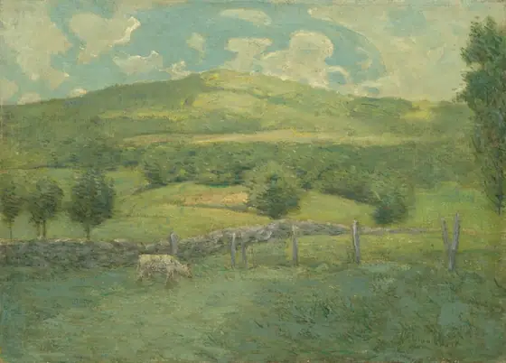 The painting shows a bright-green landscape with rolling hills in the distance.